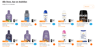 Alle Dove, Axe en Andrélon 2+3 gratis bij de AH