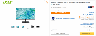 Monitor Acer Vero V247Y Ebi LCD 23.8" por $1,309 en CyberPuerta