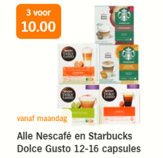 Alle Nescafé en Starbucks Dolce Gusto 12-16 capsules- 3 voor €10 bij de AH