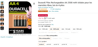 Duracell 4 oplaadbare AA batterijen (2500mAh) voor €5,60