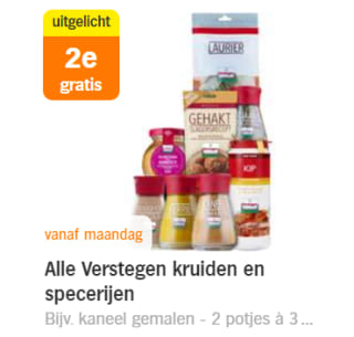 Alle Verstegen kruiden en specerijen 1+1 gratis bij de AH