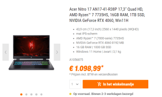 Acer Nitro 17 AN17-41-R38P 17.3" Ryzen 7 RTX 4060 Gaming laptop voor €1.098,99 bij Nbb
