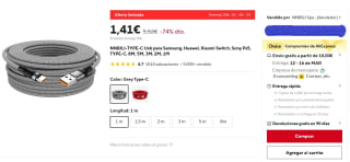 Cable USB-C a USB-A de 1 metro por 1,41€ dos colores a elegir