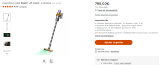 Aspirateur balai sans-fil Dyson V15 Detect Absolute à 799€