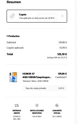 HONOR X7 4GB+128GB por solo 125,10€