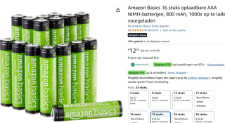 Amazon Basics 16 oplaadbare AAA-batterijen, 800 mAh voor €12,55 met Amazon prime