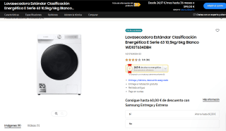 Samsung Lavasecadora Serie 63 10,5kg/6kg WD10T634DBH por 458,15€ + 75€ reembolso