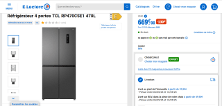 Réfrigérateur 4 portes TCL RP470CSE1 - 470L (301L/169L), No Frost, Classe E à 669€