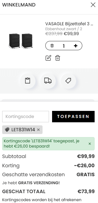 VASAGLE Nachtkastjes met 2x AC en 2x USB laadpoorten - set van 2 stuks voor €73,99 dmv code bij Songmics