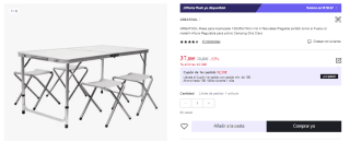 Mesa para Acampada 120x60x70cm Incluye 4 Taburetes y Plegable por 37.8€ (Cuenta Nueva 27.8€)