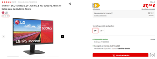 Monitor - LG 24MR400-B, 24", Full-HD, 5 ms, 50/60 Hz, HDMI x1 Salida para auriculares por 87.6€