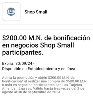 Bonificación Shop Small de $200 al gastar $500 con AMEX (comercios participantes)