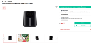 Freidora Aire Philips Airfryer HD9252/70 - 1400W, 4.1 Litros, 7 Modos por 52,03€