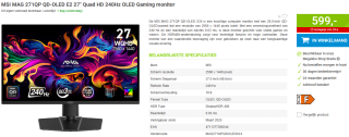 MSI MAG 271QP QD-OLED E2 27" Quad HD 240Hz OLED Gaming monitor voor €599 bij Megekko