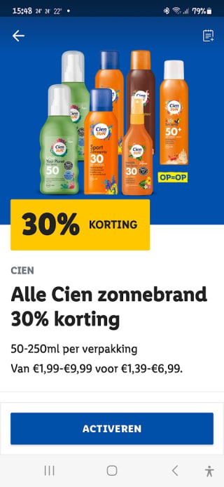 30% korting op Cien zonnebrand bij de Lidl via de app