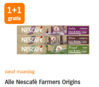 Alle Nescafé Farmers Origins 1+1 gratis bij de AH