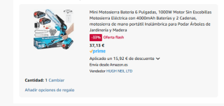 Mini Motosierra Bateria 6 Pulgadas, 1000W con 4000mAh Baterías y 2 Cadenas por 37,13€