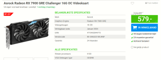 ASRock RX 7900GRE Challenger 16GO DDR6 Videokaart voor €579 bij Megekko