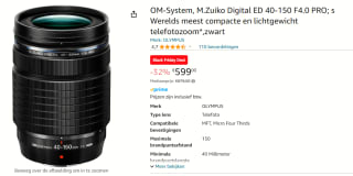 Olympus M.Zuiko Digital ED 40‑150mm F4.0 PRO voor €599 bij Amazon
