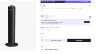 Levoit TempSense 36 Pro Ventilador de Torre con Tecnología VortexAir 39W por 62.91€ (Cuenta Nueva 52.91€)