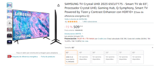 TV LED 65" Samsung TU65CU7175UXXC, UHD 4K, Smart TV, PurColor por 509,15€