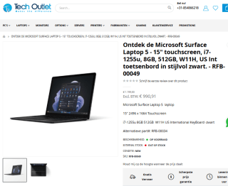 Microsoft Surface Laptop 5 - 15" touchscreen, i7-1255u, 8GB, 512GB, W11H, US Int toetsenbord in stijlvol zwart