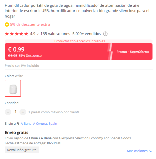 Humificador portátil de 220ml con carga usb por 0,99€