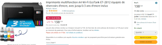 Imprimante epson multifonction A4 Wi, 3 ans d’encre inclus à 138,12€