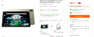 Tablet Acer Iconia Tab M10-11 10.1" IPS 2K Ultra Wide 4/128GB + Funda por 109,90€