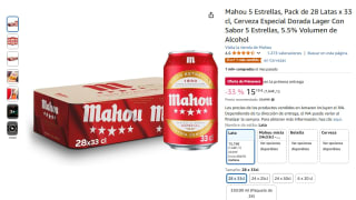 Mahou 5 Estrellas, Pack de 28 Latas x 33 cl, Cerveza Especial Dorada por 15,19€