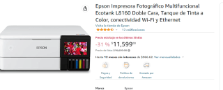 Impresora Epson Fotográfico Multifuncional Ecotank L8160 por $11599