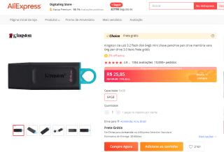 Pendrive DataTraveler da Kingston, modelo Exodia 3.2 de 64GB - R$ 25,85