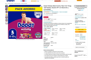 Dodot Pañales Bebé Activity Talla 3 6-10 kg 168 Pañales por 45,60€