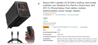 Baseus USB C-oplader, 65 W voor €11,99 bij Amazon