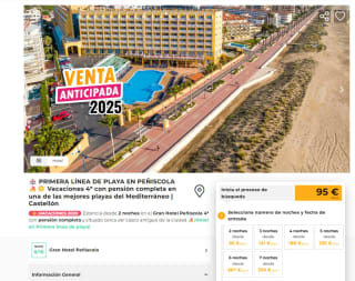 2 noches en Gran Hotel Peñiscola 4*, 1ª linea de playa con pensión completa desde abril hasta septiembre por 95€