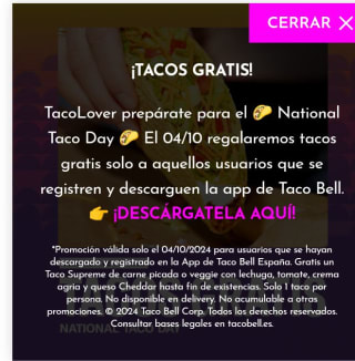 Taco Bell gratis si te descargas la app y registras a taco Bell
