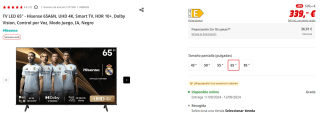 TV LED 65" Hisense 65A6N, UHD 4K, Smart TV, HDR 10+ por 339€
