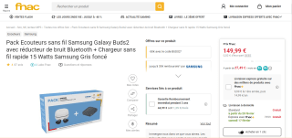 Pack Écouteurs sans fil Samsung Galaxy Buds2 avec réducteur de bruit Bluetooth + Chargeur sans fil rapide 15 Watts Samsung à 149,99€