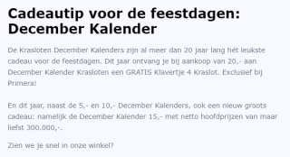 Gratis Klavertje 4 Kraslot bij aankoop van €20 aan December Kalender Krasloten bij Primera