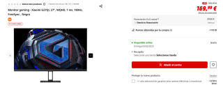 Monitor gaming Xiaomi G27Qi, 27", WQHD, 1 ms, 180Hz por 169,99€