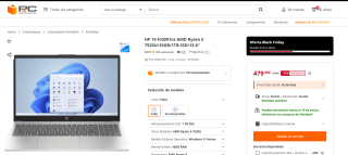 Portátil HP 15-fc0091ns AMD Ryzen 5 7520U/16GB/1TB SSD/15.6" por 479€