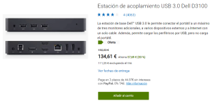 Estación de acoplamiento USB 3.0 Dell D3100 por 134.61€