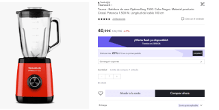 Batidora de vaso Taurus Optima Easy 1500, jarra cristal 1.5L, pica hielo, libre BPA, cuchilla inox 4 filos por 32.79€