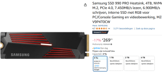 Samsung 990 PRO Heatsink SSD PCIe 4.0 NVMe M.2 - 4TB voor €269,31 bij Amazon
