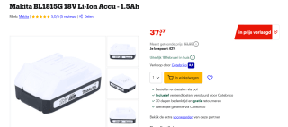 Makita BL1815G Accu 18V 1,5Ah voor €37,37 bij bol