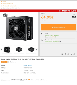 Cooler Master MWE Gold V2 80 Plus Gold 750W Bulk Fuente/PSU por 64,95€€