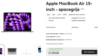 Apple MacBook Air 2024 15" M3 8-core, 16GB ram, 10-core GPU, 256GB ssd, Qwerty, voor €1.349 bij Amac