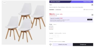 Pack de 4 sillas Fina de Estilo nórdico con patas de madera por 56.27€ (Cuenta Nueva 46.27€)