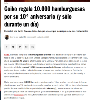 Goiko regala 10.000 hamburguesas por su 10º aniversario