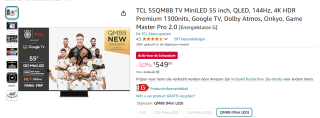 TCL 55QM8B/C805 Mini-LED TV voor €558,22 bij Amazon
